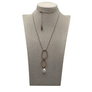 Plunder Double Hoop Teardrop Pearl Drop Necklace Gold Tone - Modern Romantic